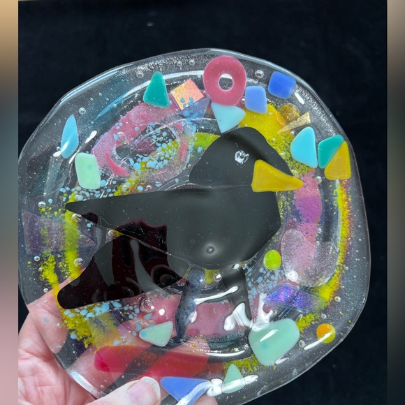 Crow“ Fused Art Glass Round Clear Design Original Handmade 7” Plate - Picture 3 of 10